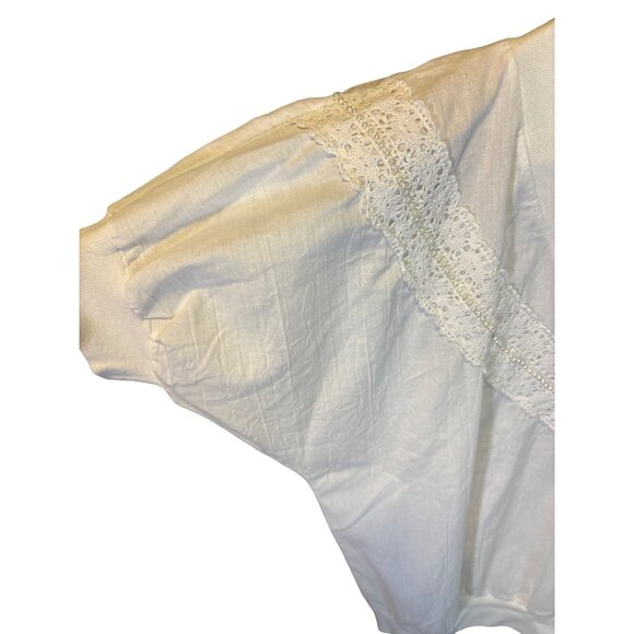 Vintage 90s Tiger White Lace Trim V Neck Top Sz L Banded Hem Sleeve Cuffs - Picture 4 of 8